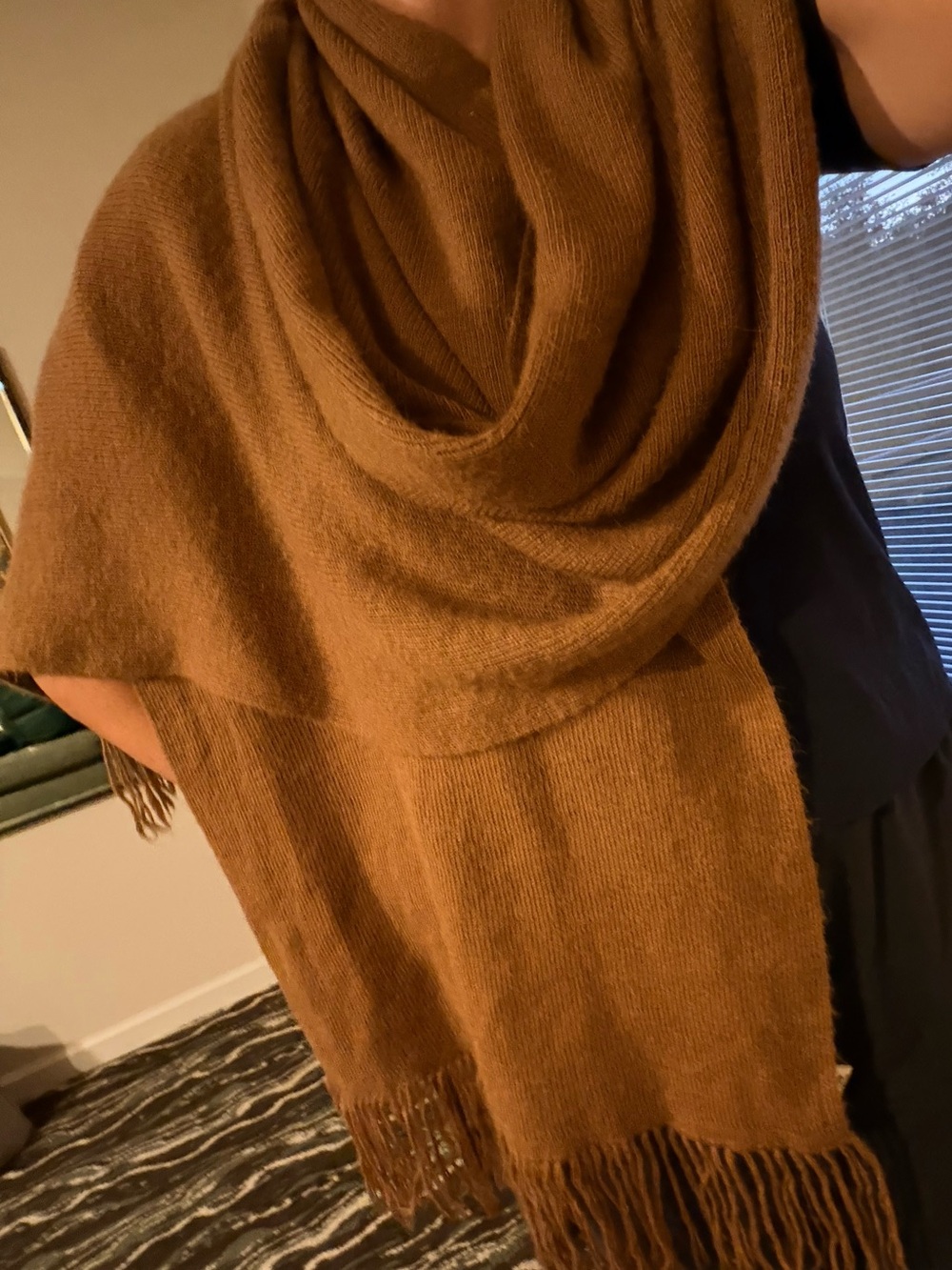 100% Baby Alpaca Cozy Camel colored Fringed Knit Scarf #149